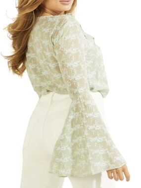 Guess Lace Up Blouse Sage Green Sheer Floral Bell Sleeve Boho Top Size L